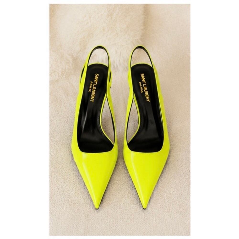 Saint Laurent Paloma Slingback Pumps Neon Yellow Patent Leather EU39 NIB - Picture 3 of 12